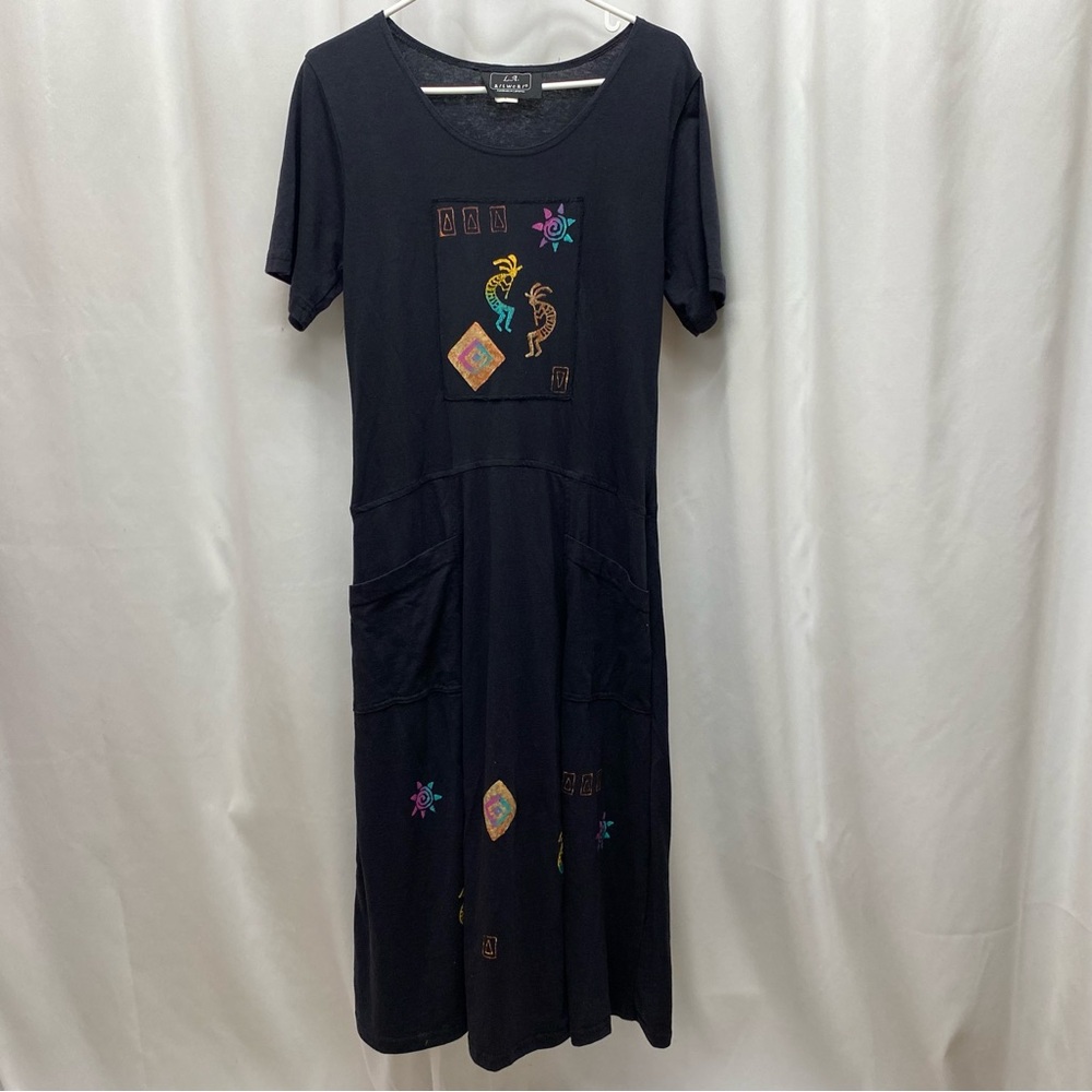 Vintage maxi dress Womens size small black artsy neon Kokopelli sun 90s jumper